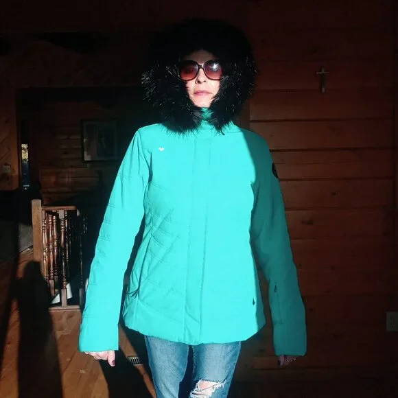 OBERMEYER women’s ski jacket hood faux fur thermore teal size 8 winter